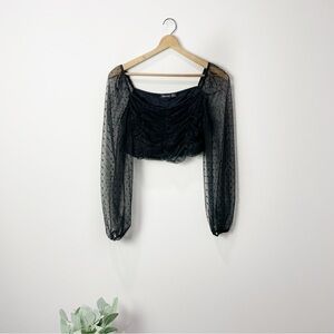 [Boohoo] Women's Black Polka Dot Sheer Long Sleeve Crop Top